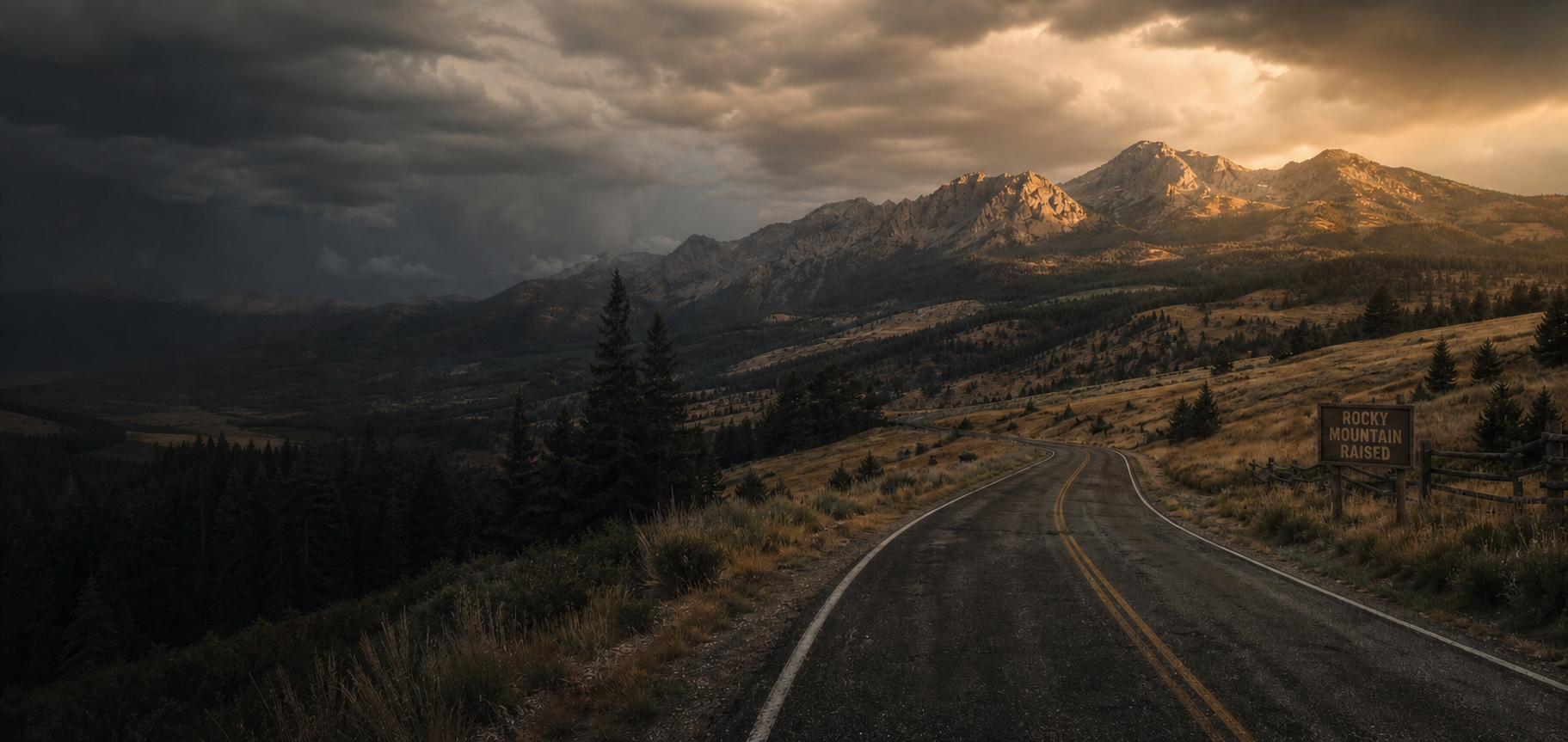 A rugged Colorado mountain road with a weathered Rocky Mountain Raised roadside sign